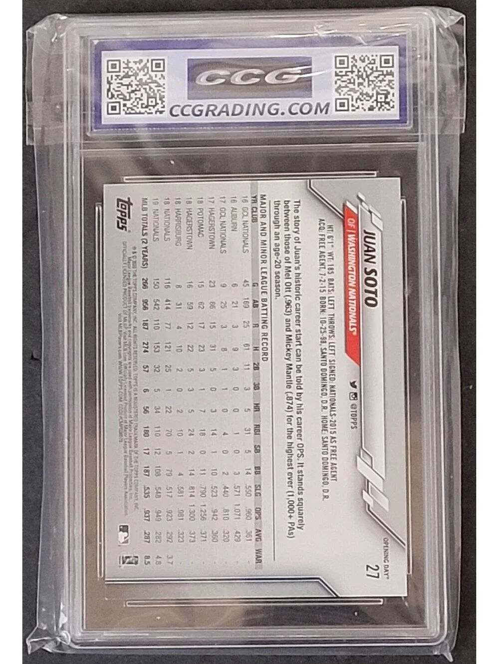 Juan Soto 2020 Topps Opening Day #27 Graded Gem Mint 10 CCG